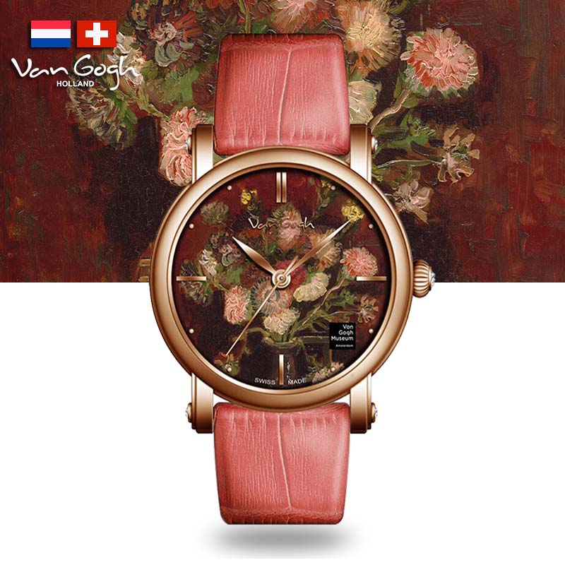 Van Gogh Vase with Asters and Phlox Swiss Movement Red Leather Watch