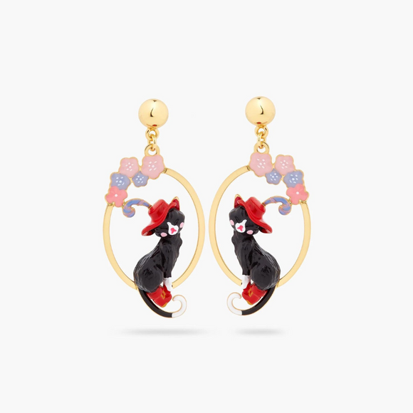 Les Néréides Puss in Boots Charming Cat and Flower Hoop Earrings-One Quarter